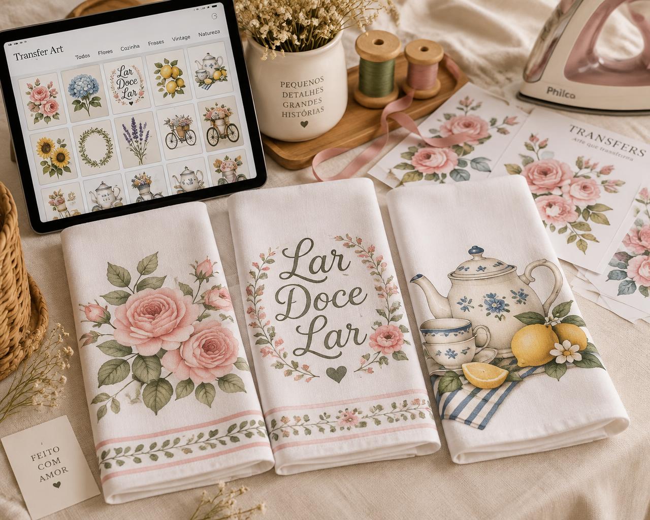 Panos de prato personalizados com estampas floral, frase e cozinha, ao lado de tablet com a coleção